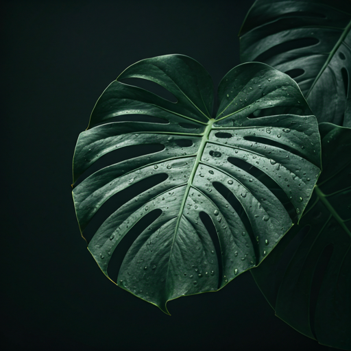Close up of dark green monstera leaves with water droplets